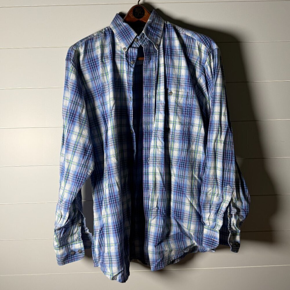 TwentyX Long Sleeve Button Down Blue, White, Green, Purple Plaid Sz Medium